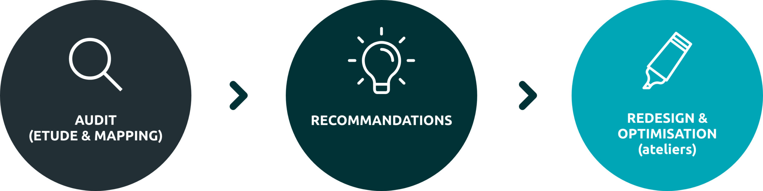 Audit (Etude et Mapping), Recommandations, Redesign et optimisation (ateliers)