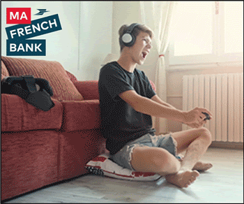 Illustration : Garçon Adolescent qui joue aux jeux videos; Logo Ma french Bank dans le coin superieur gauche