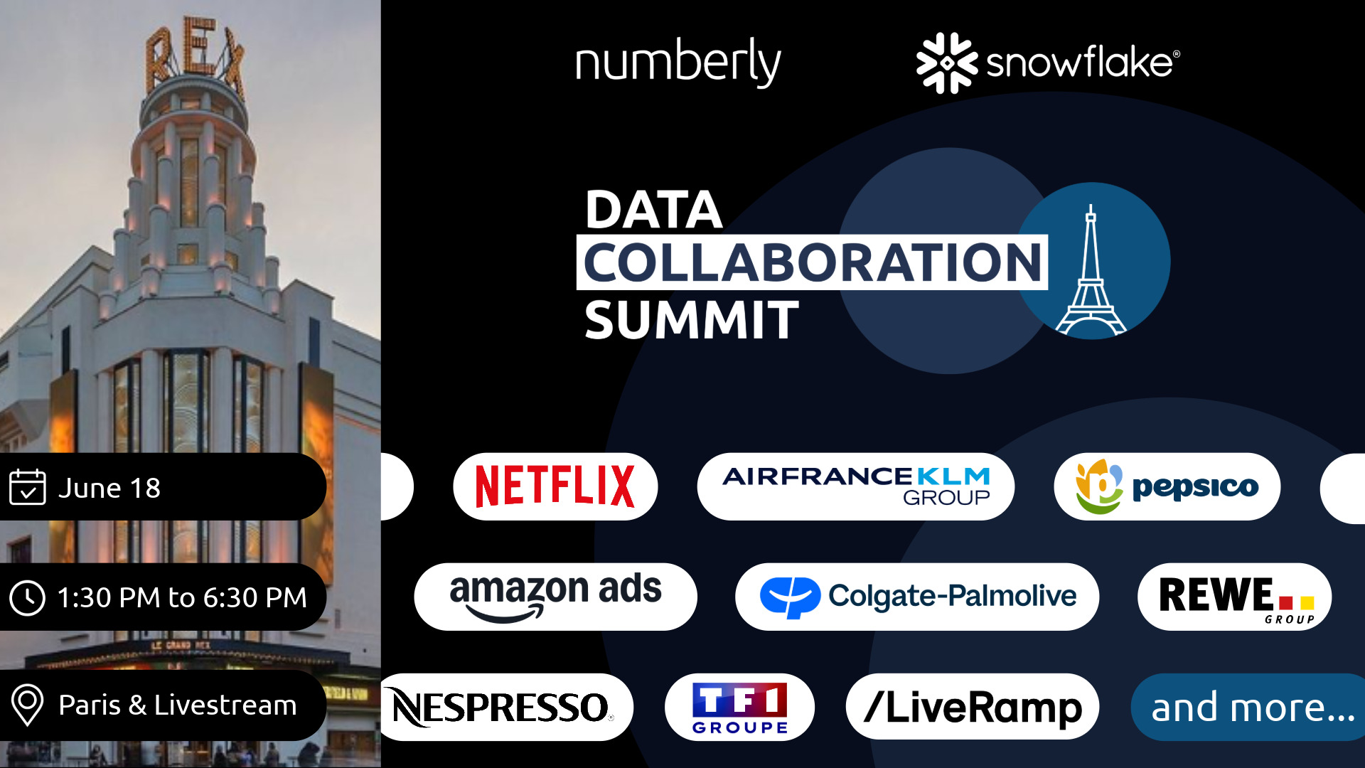 Join us at the Data Collaboration Summit on June 18, 2026, from 1:30 PM to 6:30 PM, in Paris (Le Grand Rex) and via livestream. Participating companies include: Netflix, Air France-KLM Group, PepsiCo, Amazon ADS, Colgate-Palmolive, Rewe Group, Nespresso, TF1 Group, LiveRamp, and many more. ..