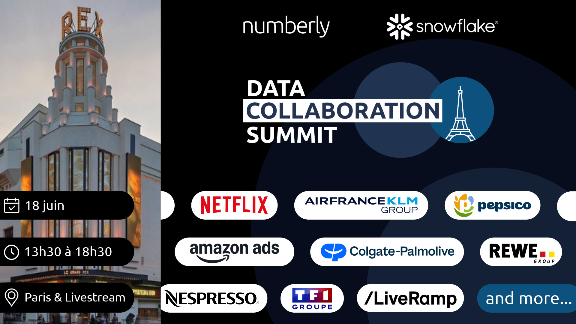Rendez vous au Data Collaboration Summit, le 18 juin 2026, de 13h30 à 18h30, à Paris (le Grand Rex) et en Livestream. Des entreprises seront présentes telles que : Netflix, Airfrance KLM Group, Pepsico, Amazon ADS, Colgate-Palmolive, Rewe Group, Nespresso, TF1 Groupe, /LiveRamp et bien plus.