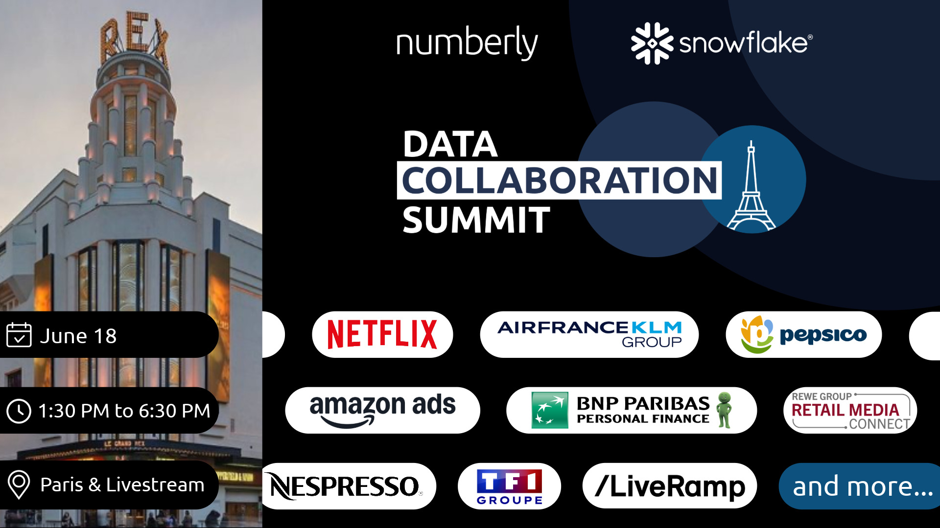 Data Collaboration Summit by Snowflake & Numbly on June 18, 2026, from 1:30 PM to 6:30 PM, in Paris (Le Grand Rex) and via livestream. Participating companies include: Netflix, Air France-KLM Group, Pepsico, Amazon Asds, BNP Paribas Personal Finance, Rewe Group, Nespresso, TF1 Group, LiveRamp, and many more.