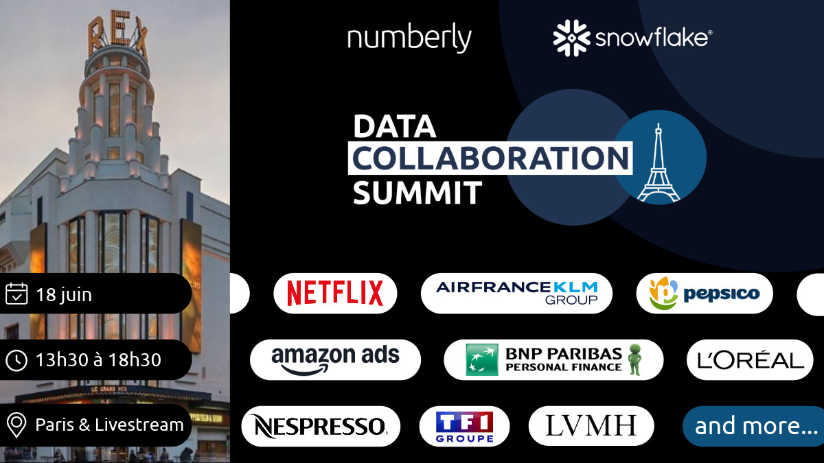 Sommet sur la collaboration en matière de données organisé par Snowflake et Numberly le 18 juin 2026, de 13 h 30 à 18 h 30, à Paris (Le Grand Rex) et en direct sur Internet. Parmi les entreprises participantes figurent : Netflix, le groupe Air France-KLM, Pepsico, Amazon Asds, BNP Paribas Personal Finance, le groupe Rewe, Nespresso, le groupe TF1, LVMH, L'Oréal et bien d'autres encore.