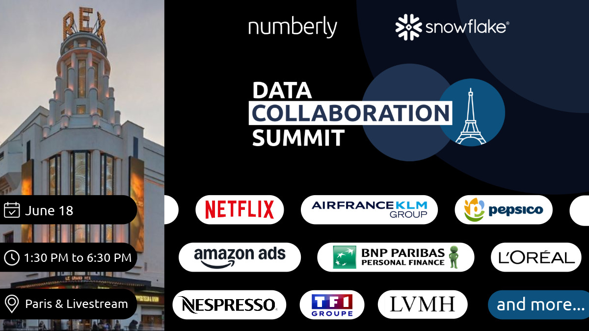 Data Collaboration Summit by Snowflake & Numberly on June 18, 2026, from 1:30 PM to 6:30 PM, in Paris (Le Grand Rex) and via livestream. Participating companies include: Netflix, Air France-KLM Group, Pepsico, Amazon Asds, BNP Paribas Personal Finance, Rewe Group, Nespresso, TF1 Group, LVMH, L'Oréal and many more.